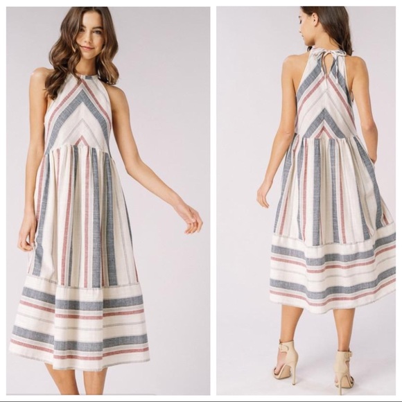 Striped Natural Cotton Halter Dress w/Pockets - Picture 1 of 8